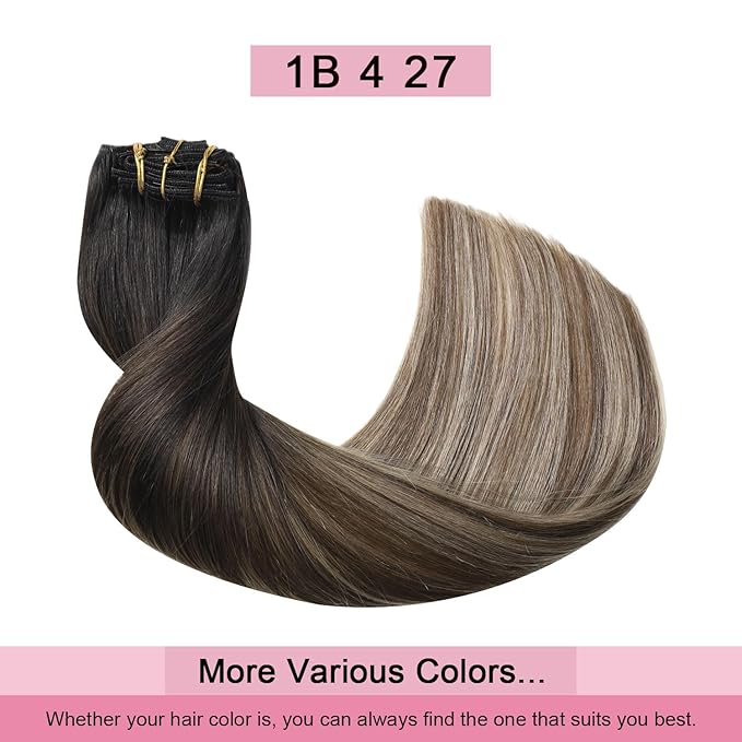 Pro2.0 Clip in Hair Extensions Real Human Hair 22inch 7pcs #1b/4/27 Natural Black to Chocolate Brown and Caramel Blonde Real Hair Extensions Clip in Human Hair 120g Thick（#1b/4/27-22inch）