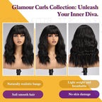 Black Wig with Bangs,Black Wavy Wigs for Women,Shoulder Length Curly Synthetic Hair Wig for Party Daily Use 18IN…