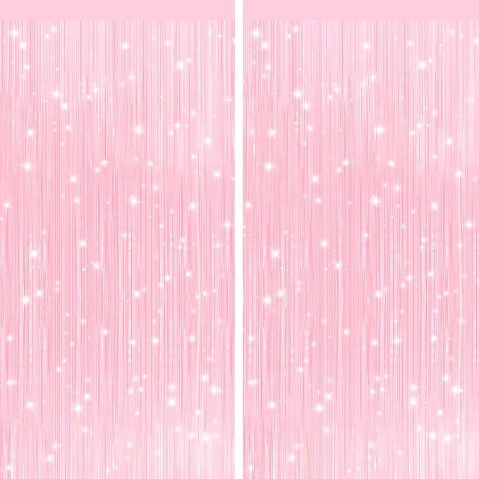 2Pack Pastel Pink Metallic Tinsel Foil Fringe Curtains, Door Streamers Photo by GCBPartyDecorations