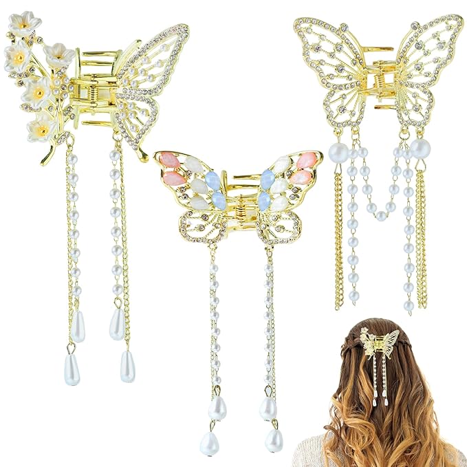 3PCS Butterfly Hair Claw Clip With Pearl and Rhinestone Tassel, Metal Small Hair Clips, Cute Hair Styling Accessories for Women and Girls, Gold