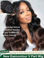 KLAIYI Ombre Brown V Part Body Wave Human Hair Upgrade U Part Wig with Dark Roots Glueless Chestnut Brown Clip in Half Wig No Glue No Leave Out Beginner Wigs for Women Ready To Wear and Go 150% 26Inch