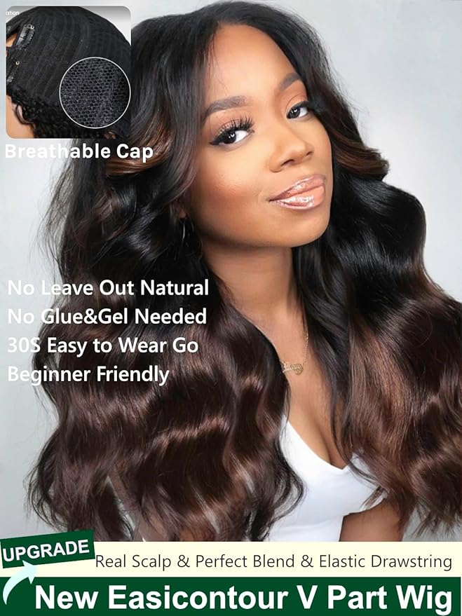 KLAIYI Ombre Brown V Part Wig Body Wave Human Hair Upgrade U Part Wig with Dark Roots Glueless Chestnut Brown Clip in Half Wig No Glue No Leave Out Beginner Wigs for Women Wear and Go Wig 150% 22Inch