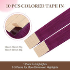 GOO GOO Tape in Hair Extensions Human Hair, Violet, 20inch 30g 10pcs, Colored Tape ins Human Hair Extensions, Silky&Soft Invisible Tape Ins, Hair Highlighted for Party