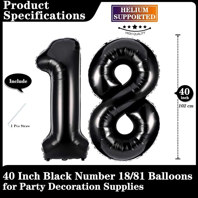 Black 18 Number Balloons, 40 Inch Giant Number 18 Balloons Foil Mylar Helium - Image 2