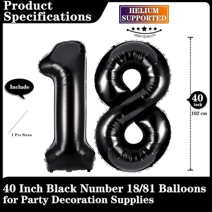 Black 18 Number Balloons, 40 Inch Giant Number 18 Balloons Foil Mylar Helium - Image 2