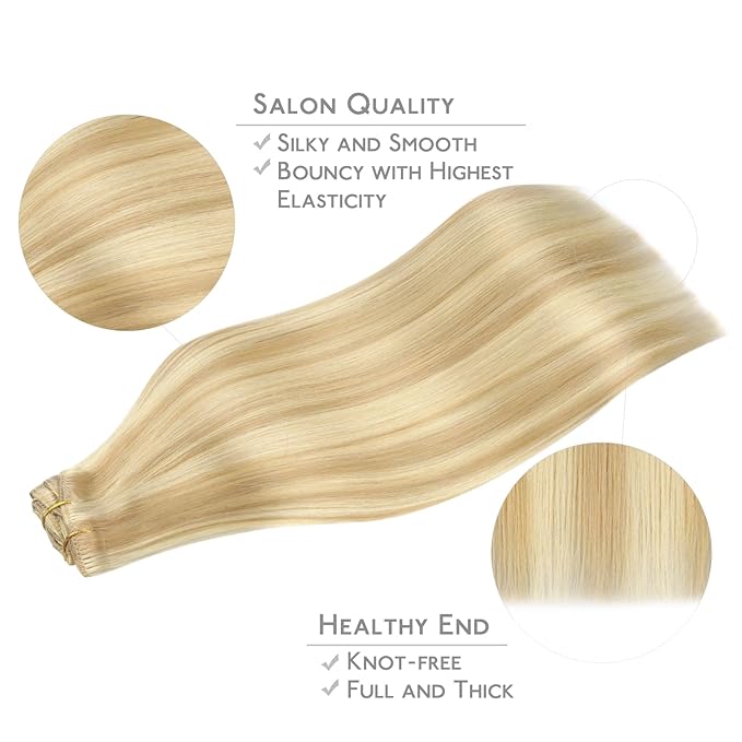 WENNALIFE Clip in Hair Extensions Real Human Hair, 12 Inch 80g 7pcs Remy Hair, Light Blonde Highlighted Golden Blonde Straight Natural Extensiones De Cabello Humano Con Clip Ins