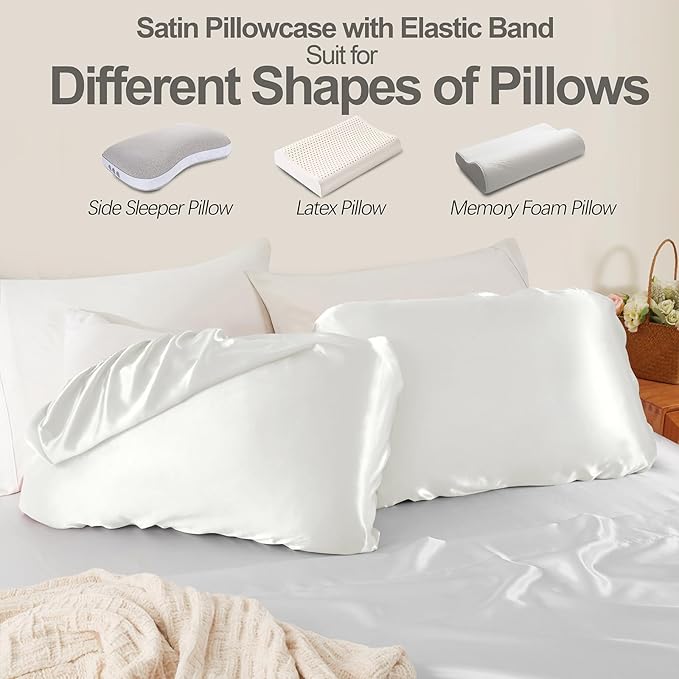 SiinvdaBZX Ivory White Satin Pillowcase Standard/Queen Size Set of 2, Silky Travel Elastic Band Satin Pillow Case for Hair and Skin, Soft Portable & Fit for Various Pillow