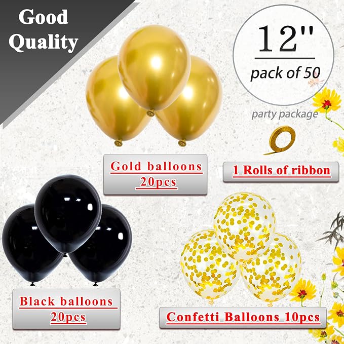 Black Gold Confetti Balloons 50 Pack 12 inch Black and Gold Metallic Latex - Image 2