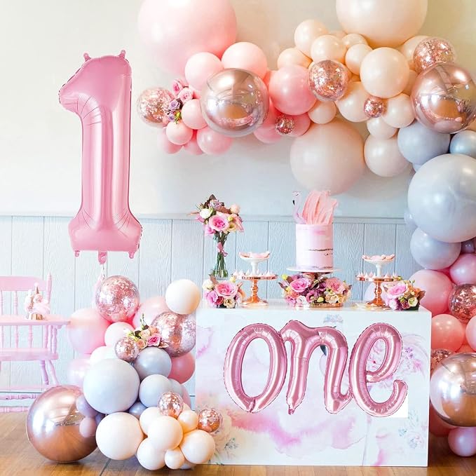 2Pcs Pearl Pink Foil 40" Number 1 and 26" Script Letter One Balloon Set | Large - Image 4