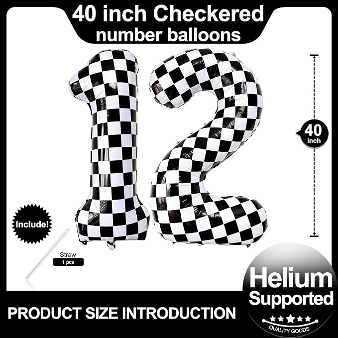 Number 12 Checkered Balloons 40 Inch Giant Race Car Checkered 12 Number Balloons - Image 2