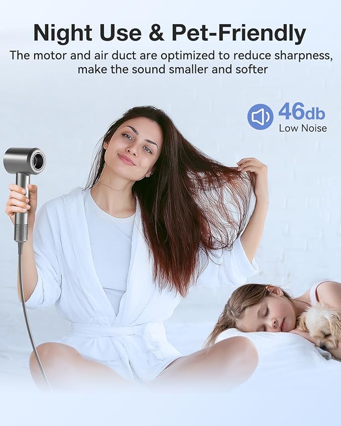 Hair Dryer, High-Speed Ionic Low Noise Blow Dryer with 160000 RPM Motor for Fast Drying, Thermo-Control Portable Hair Blow Dryer with Magnetic Nozzle for Home Travel Salon (P2306F Grey)