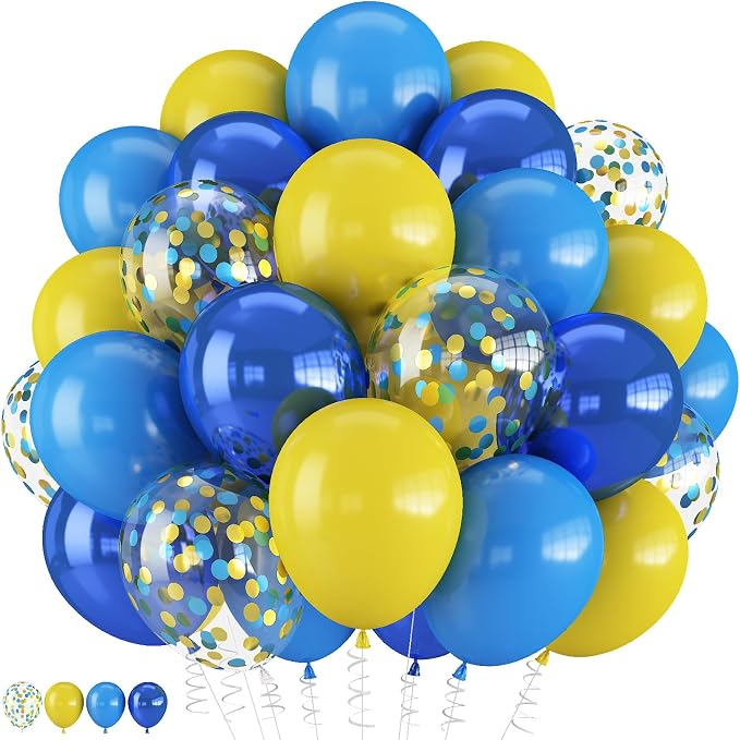 Blue and Yellow Balloons, 12 Inch Double Stuffed Chrome Royal Blue and Yellow by Froova