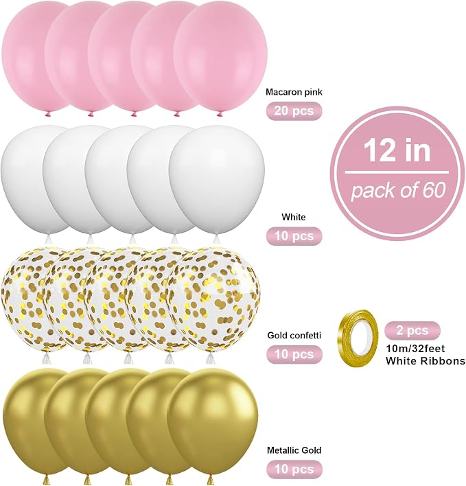 Pink Gold Balloons, 12 Inch Metallic Gold Confetti Balloons Macaron Pink Latex - Image 2