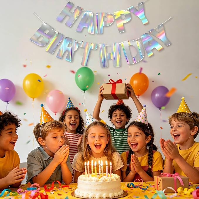 Happy Birthday Banner, Pre-Strung Holographic Iridescent Birthday Sign Decor - Image 2