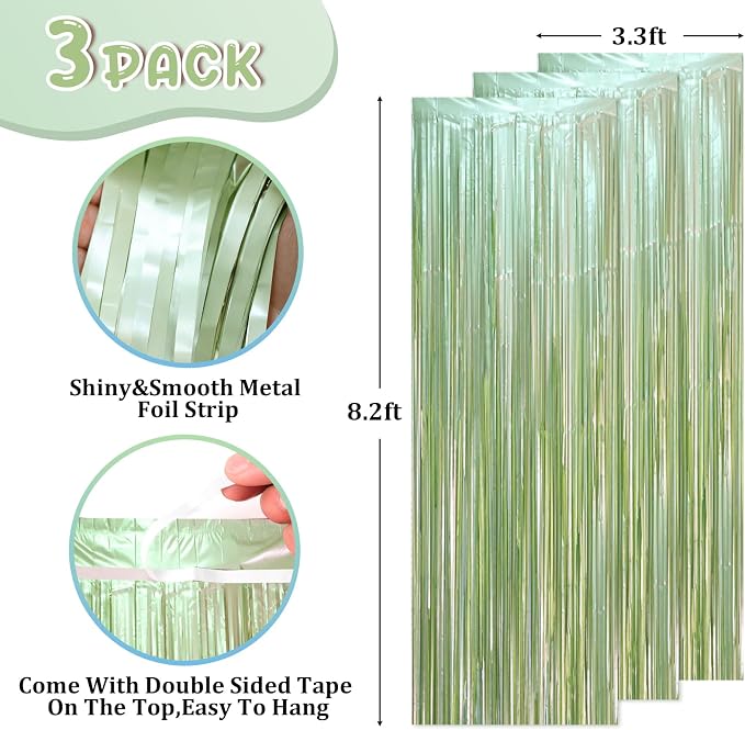 Voircoloria Light Green Foil Fringe Backdrop Curtains, 3 Pack | Tinsel Streamers - Image 2