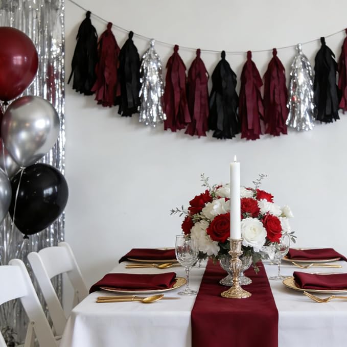 Burgundy Black Silver Tissue Paper Tassels Party Tassel Garland Banner - Image 4