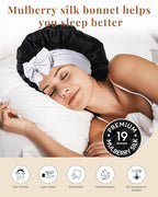 AWAYTR Silk Bonnet for Sleeping Women 100% Mulberry Silk Bonnet with Band 2 Layer Reversible Hair Bonnet Sleeping Hair Wrap (Black/Silver Grey)