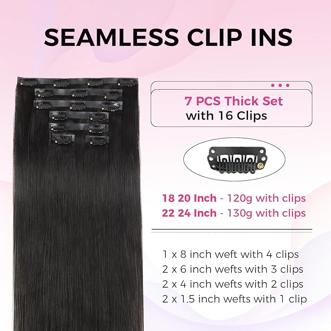 Lashey Seamless Clip in Hair Extensions Human Hair 130g 7pcs Straight Thick Remy Human Clip in Hair Extensions with Full End 24 Inch Natural Black