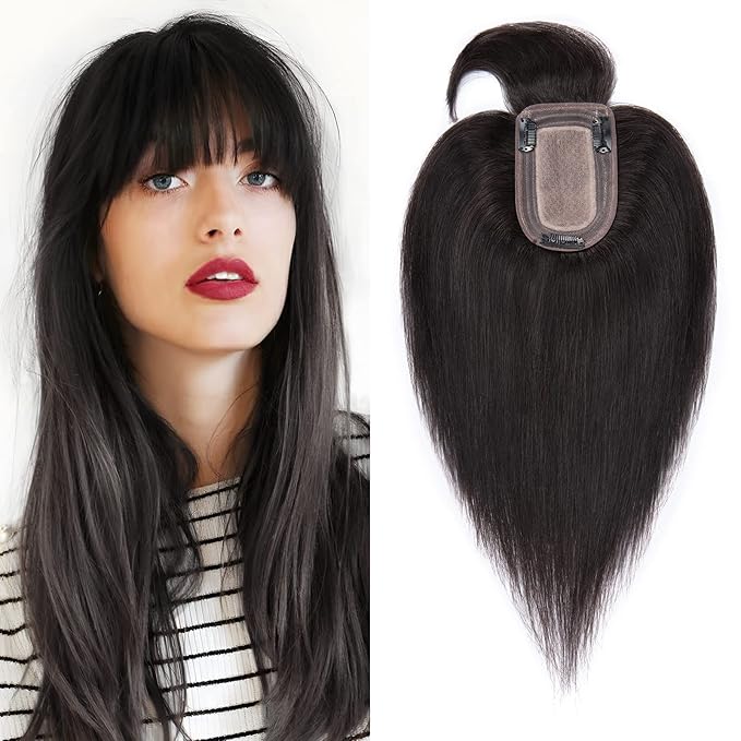 SEGO Hair Toppers for Women Real Human Hair with Thinning Hair, Toppers Hair Pieces Clip in Toppers Straight Hair Pieces with Front Bangs 150% Density Silk Base -8 Inch #1B Natural black