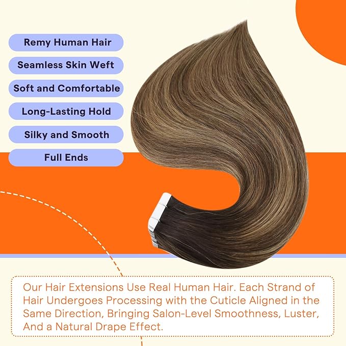 Full Shine Human Hair Extensions Tape in 16 Inch Seamless Tape Extensions Human Hair Color 2 Fading to 3 Brown and 27 Blonde Invisible Remy Extensions 20PCS Tape Ins Human Hair Extensions 50g