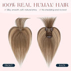 Human Hair Topper with Bangs for Women, 360° Cover Clip in Fringe Bangs Hair Toppers Hair Piece with Highlights 3.15x4.33 Hand-tied Base Medium Brown&Dark Blonde