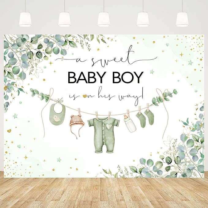 InMemory Sage Green Baby Shower Backdrop Oh Baby Clothes Welcome Newborn Party - Image 5