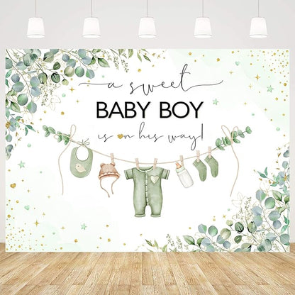 InMemory Sage Green Baby Shower Backdrop Oh Baby Clothes Welcome Newborn Party - Image 5