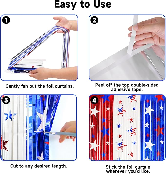 jijAcraft Red White Blue Star Tinsel Foil Fringe Curtain, 3 Pack 3.2x6.5 Feet - Image 3