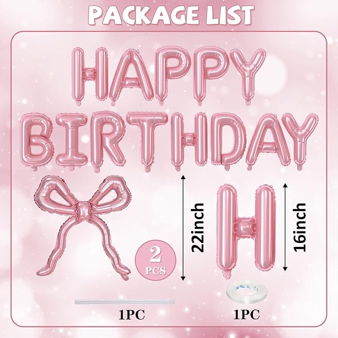 Pink Bow Happy Birthday Balloons Banner, 22 Inch Pearl Pink Bow Foil Balloons - Image 2