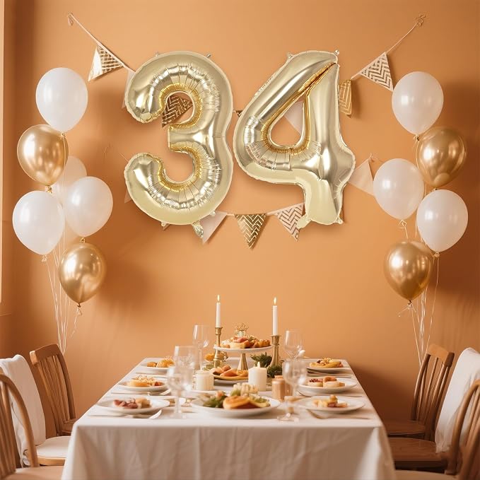 Champagne Large Number 34 Balloon, 40 Inch Light Gold Foil Helium Number - Image 3