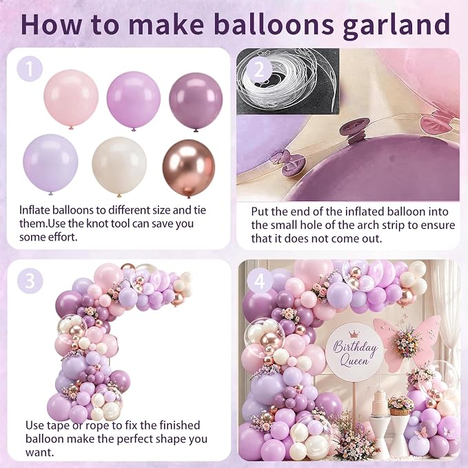Dusty Purple Balloons Arch Kit, Lavender Gold Pink Clear, Party Decor | 128pcs - Image 3