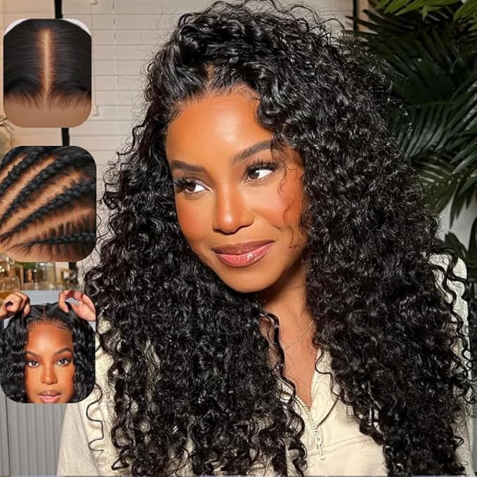KLAIYI Water Wave Bye Bye Knots Glueless Wig Human Hair 7x5Precut Lace Front Pre Plucked Bleached Wear and Go Wig with Curly Baby Hair Drawstring 3S Ready to Go Pre Everything Beginner Friendly 22Inch