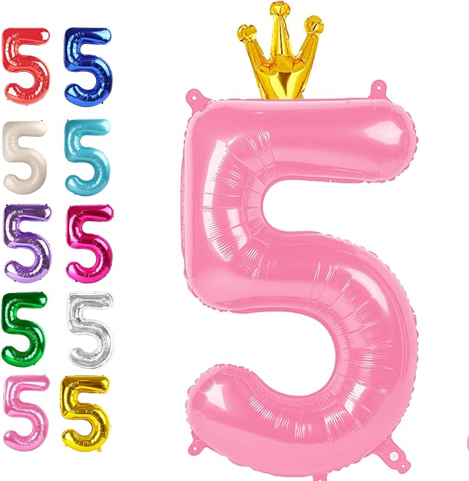 Pink Crown Number 5 Balloon 40 inch, Big Pink 5th Birthday Party Decorations | by Upgesy
