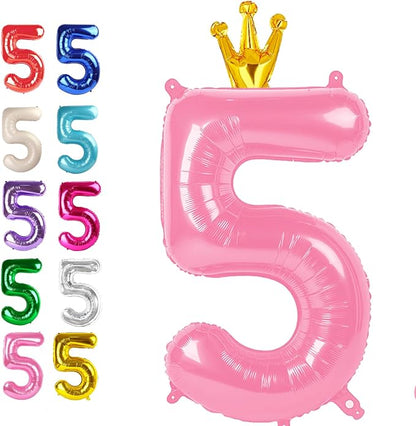 Pink Crown Number 5 Balloon 40 inch, Big Pink 5th Birthday Party Decorations | by Upgesy