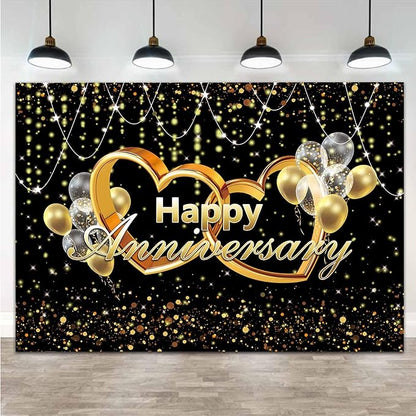 Happy Anniversary Backdrop Black and Gold Balloons Photography Background Poster - Image 3