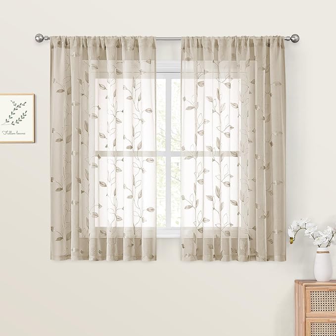 HOMEIDEAS Taupe Sheer Curtains 52 x 54 Inch Length 2 Panels Beige Embroidered by HOMEIDEAS