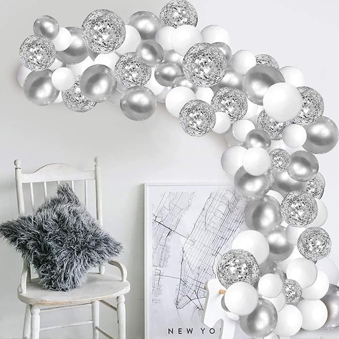 White Silver Balloon Garland Arch Kit 100PCS | Chrome Silver Confetti Balloons - Image 8