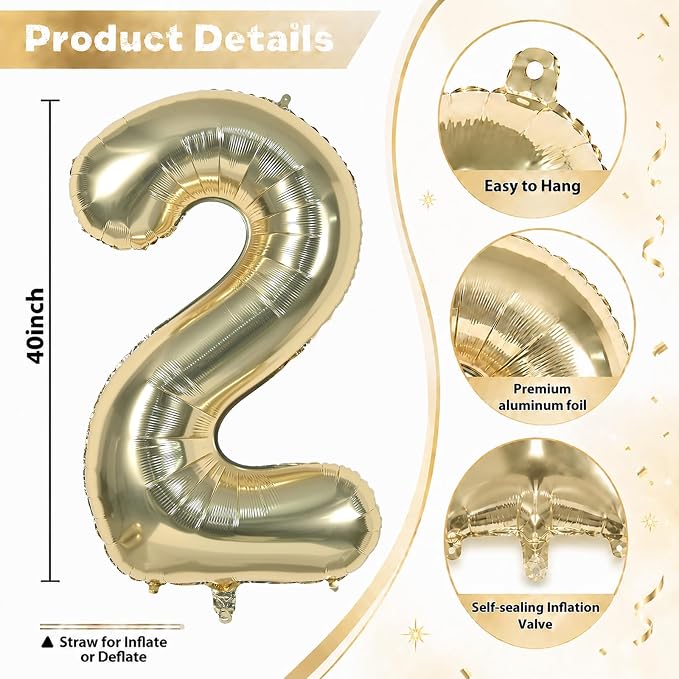 Champagne Gold 40 Inch Balloon Number 2, Large Light Gold Foil Number 2 - Image 2