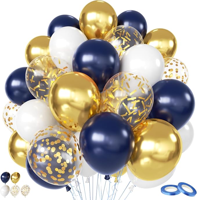 Navy Blue Gold Balloons, 60 Packs 12 Inch Dark Blue White Gold Metallic Chrome by Govpy