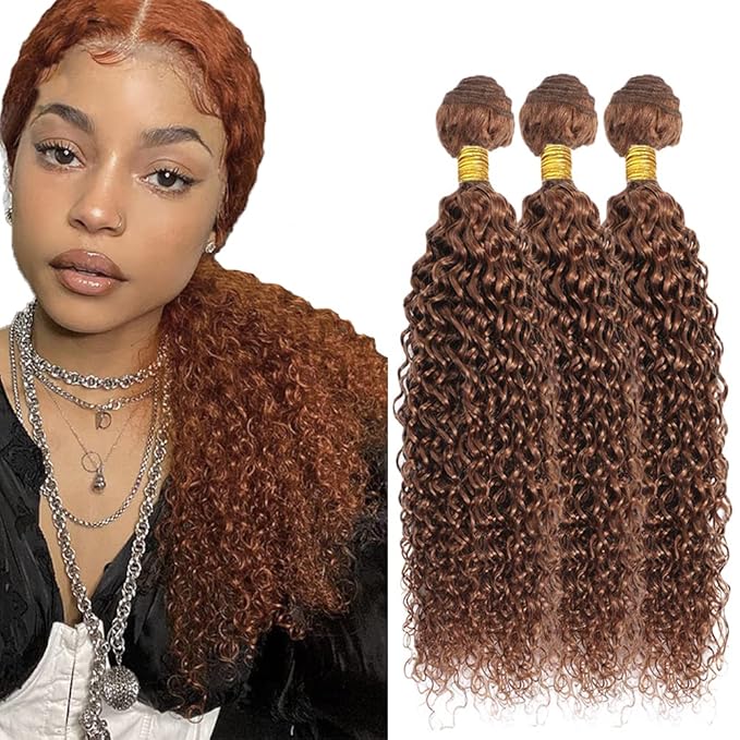 Light Brown Bundles Human Hair Color #30 Water Wave Bundle Niegmeag Brazilian Virgin Hair 3 Bundles 12 14 16 Inch Double Weft Light Brown Wet and Wavy Bundle