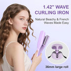 Crimper Hair Tool, Hair Crimper for Women, Beach Waves Curling Wand with Negative Ions, Adjustable Temp, Anti-Scald Design, Auto Shut-Off, Dual Voltage, 1.42 Inch (Purple)