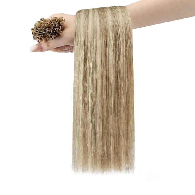 YoungSee U Tip Hair Extensions Human Hair Golden Blonde and Blond Highlight Hair Extensions Utips Hair Extension Real Human Hair Blond Ktip Hair Extension Natural Long Straight 22In 1G/S 50G