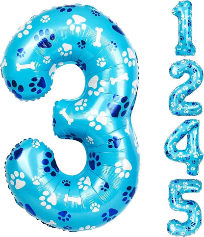 40 Inch Blue Dog Paw Birthday Balloons, Number 3 Balloons by AXBMM