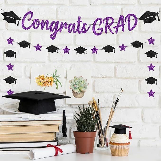 Black and Purple Graduation Banner, Glitter Purple Graduation Decorations Banner - Image 4