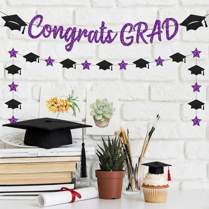 Black and Purple Graduation Banner, Glitter Purple Graduation Decorations Banner - Image 4