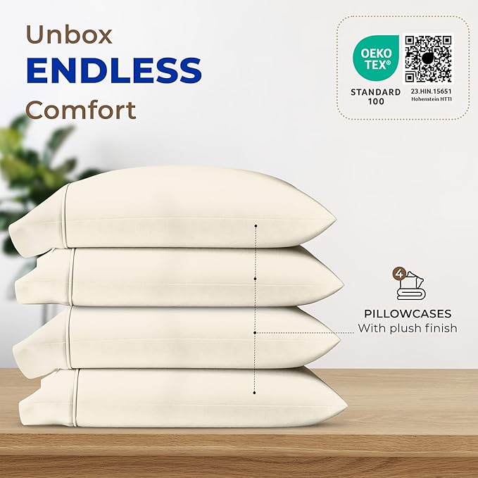THREAD SPREAD 100% Egyptian Cotton Pillow Cases - High Thread Count Pillowcases Queen/Standard Size Pack of 2, Soft & Breathable Extra Long Staple Sateen Weave Cotton Pillow Covers for Bed - Ivory