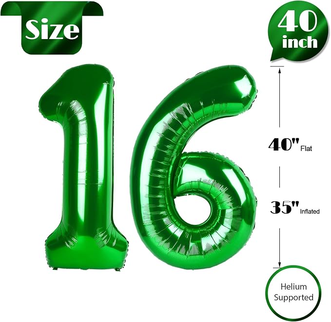 Green Number 16 Balloon 40 Inch, 16th Birthday Party Decorations Men Women | - Image 5
