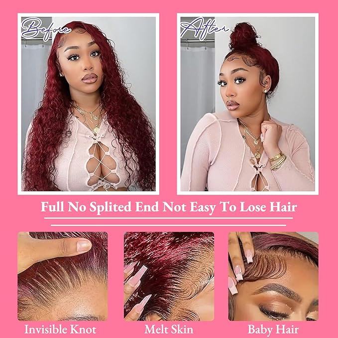250 Density Hidden Strap Water Wave 360 99j Burgundy Glueless Wigs Human Hair Pre Plucked Pre Bleached Human Hair Wig With Drawstring Wet and Wavy HD Full Lace Front Wigs Human Hair 28 Inch