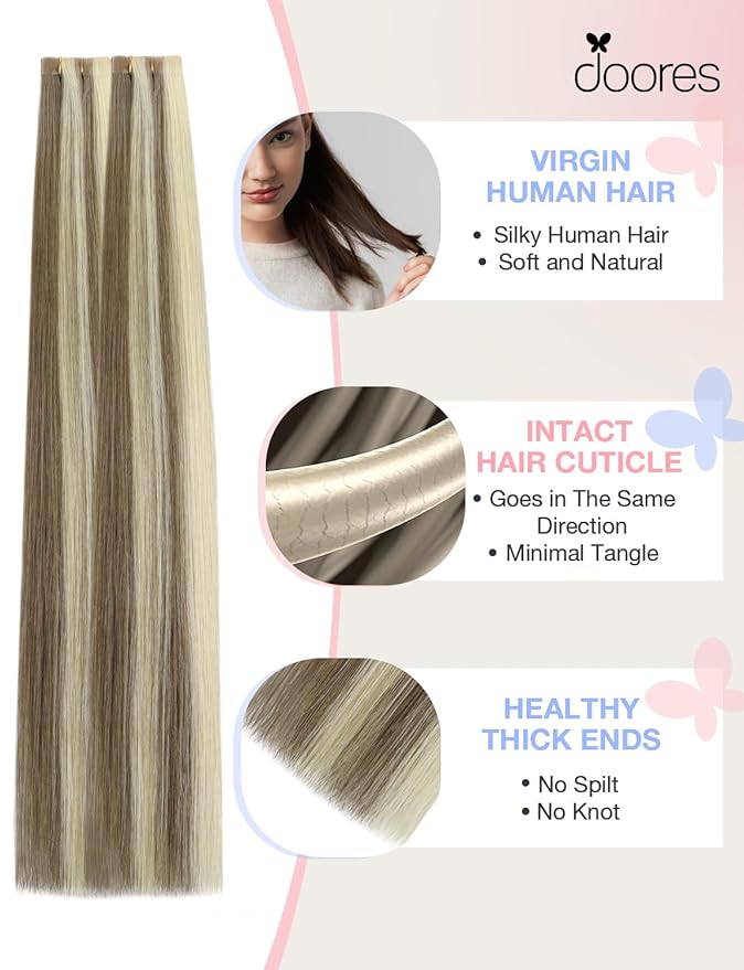 DOORES Invisi Edge Tape in Hair Extensions Human Hair, Light Brown Highlighted Medium Blonde 10 Injection Tape-ins with 10 Injection Tape-ins 50g 14 Inch, Virgin Tape in Extensions