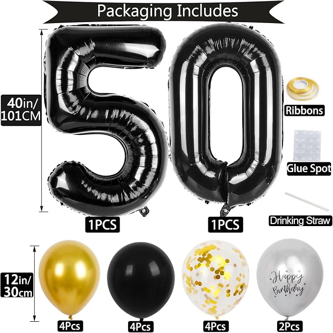 50th Birthday Decorations for Men Women, 40 inch 50 Balloon Numbers - Image 2